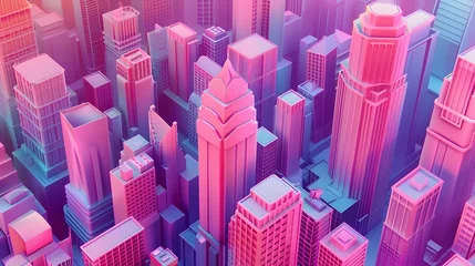 Gordijnen Cityscape with many tall buildings lined with isometric city concept. © CatNap Studio