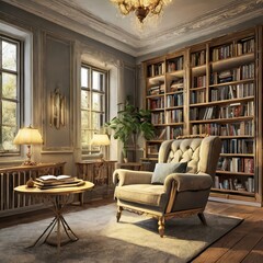 modern living room,3D render illustrating the renovation of a charming reading book, complete with a plush armchair, built-in bookshelves, and soft lighting to perfect spot for relaxation and literary