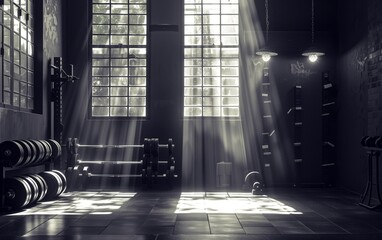 Inside an old gym with a black metallic roof in an industrial style, rings and barbells on the floor, small windows allowing daylight, cinematic lighting