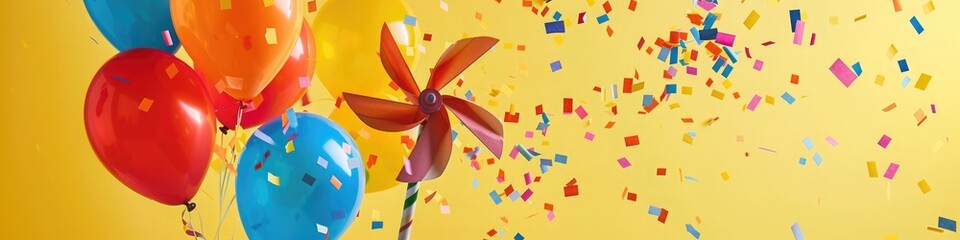 Playful pinwheels spinning in the breeze, surrounded by colorful balloons and confetti, against a sunny yellow background, capturing the carefree joy of a birthday celebration in full swing.