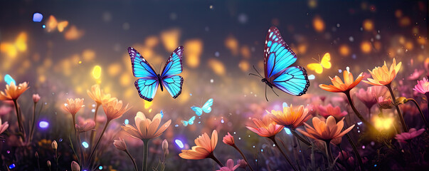 Mystical butterfly meadow in purple orange colors.. Butterfly flying over flowers - obrazy, fototapety, plakaty