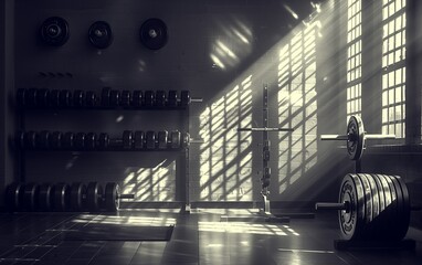 Inside an old gym with a black metallic roof in an industrial style, rings and barbells on the floor, small windows allowing daylight, cinematic lighting