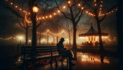 A moody, atmospheric scene of a solitary figure sitting on a park bench. The setting is an evening in late autumn, with leafless trees shrouded - obrazy, fototapety, plakaty