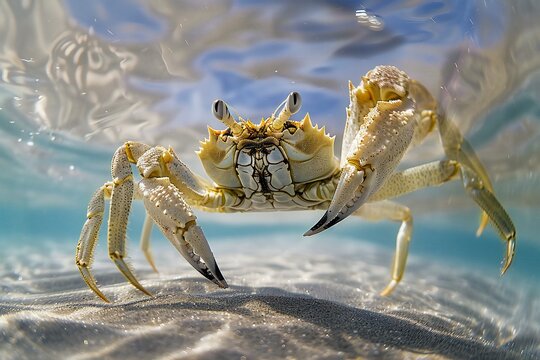Close-up of a crab on a sandy beach in the ocean