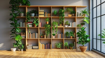 Modern Home Library with Books and Lush Houseplants
