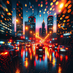 A vivid photograph taken from inside a car, looking out onto a city street during a rain shower at dusk. The focus is on the raindrops streaking down