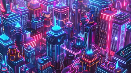 Zelfklevend Fotobehang Cityscape with many tall buildings lined with isometric city concept. © CatNap Studio
