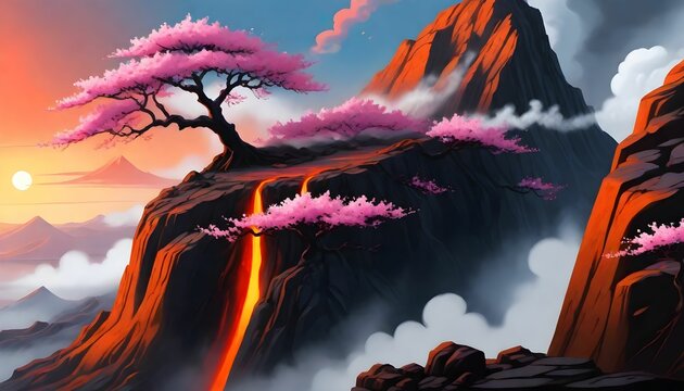A cherry blossom tree on the edge of cliff with a volcanic landscape below, featuring flowing lava, smoke, and clouds