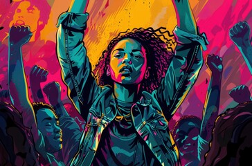Fototapeta premium an illustration of a black woman in front of a crowd with their fists upraised and fighting for their rights, in the style of vintage poster design, vibrant palette knife, generative ai