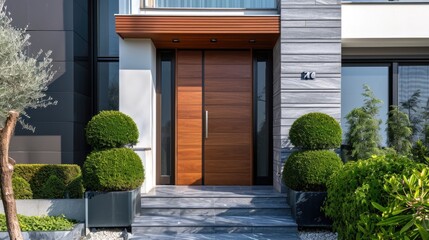 Modern Home Entrance with Elegant Wood Door and Potted Plants