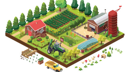 Rural farm 3d isometric template concept with mill ga