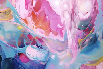 Abstract background of acrylic paints in pink, blue and yellow tones - obrazy, fototapety, plakaty