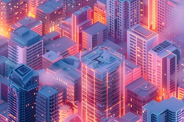 Cityscape with many tall buildings lined with isometric city concept.