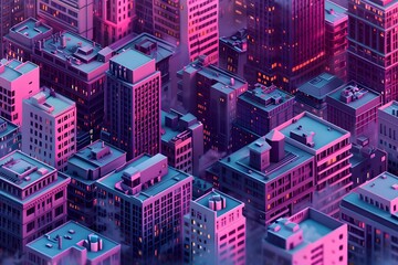 Cityscape with many tall buildings lined with isometric city concept.