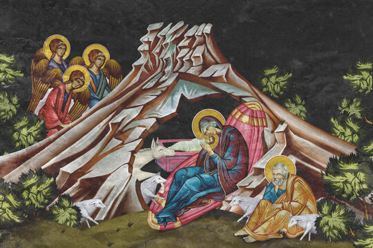 Christian traditional image of Christmas. Illustration on black stone wall background in Byzantine style
