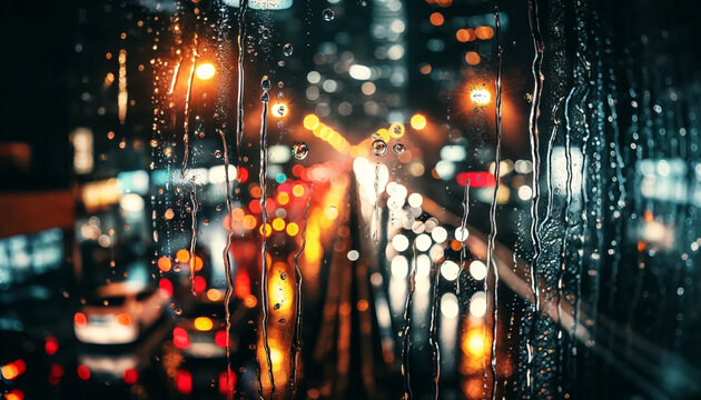 A photo of raindrops streaming down a windowpane, with a blurred cityscape in the background at night