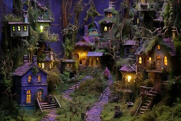 Halloween scene with haunted houses in the forest,  rendering