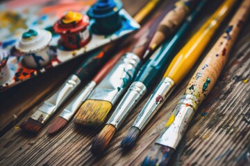 Fototapeta premium Paint brushes and palette of oil paints on a wooden table