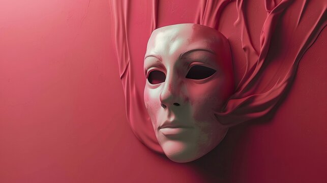 Surreal scene of a theatrical mask in midmelt, features distorting elegantly on a minimalist solid color backdrop