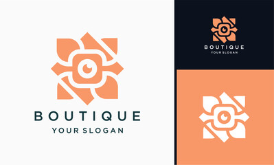 square camera with leaves simple and elegant floral monogram, elegant line art logo design, vector illustration
