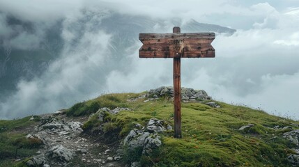 Wooden sign post isolated on village path with white clouds and mountain Direction concept. Mock up, template, Generative Ai