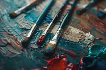 Obraz premium Paint brushes and palette of oil paints on a wooden table