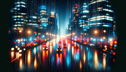A raindrops streaming down a windowpane against a backdrop of a bustling city at night - obrazy, fototapety, plakaty
