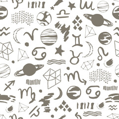 Seamless pattern. Signs of the zodiac, phases of the moon, sun and moon. Engraving style. Astrology.