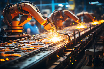 Large production line with industrial robot arms make welding gas to create sparkling light factory. Solar panels are being assembled on conveyor. Automated manufacturing facility. Future technology.