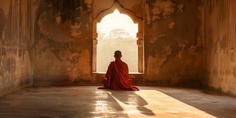 A monk sits in a room with a red robe