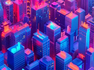 Fotobehang Cityscape with many tall buildings lined with isometric city concept. © CatNap Studio