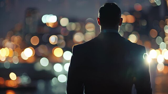 A man in a sharp suit and tie standing with his back turned looking out at the shining lights of the city behind him. . .