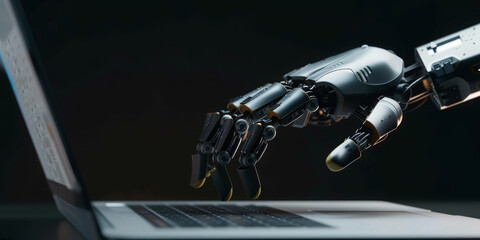 A robotic hand is touching a laptop screen
