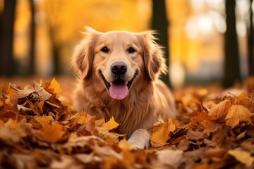 Smiling Golden Retriever Sitting Among Autumn Leaves