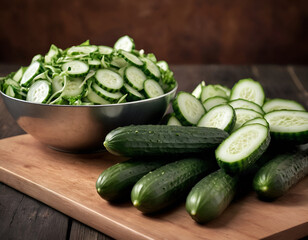 Cucumber sliced on the cutting board, salad ingredient.