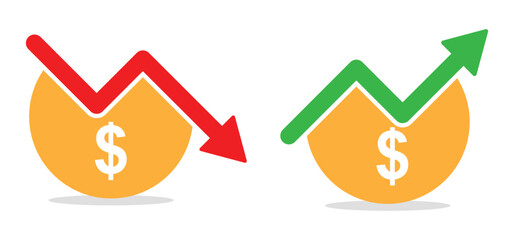 price, rate, profit increase and decrease icon, set of cost symbol dollar, money, coin sign with arrow up and down. transparent vector illustration for app, website, presentation