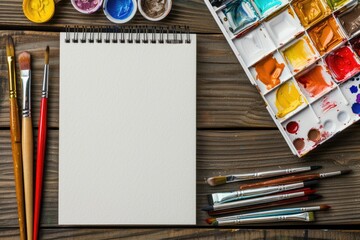 Blank notepad with brushes and paints on a wooden background.