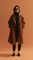 Obraz premium Young female wearing brown long coat, black t shirt and black sunglasses