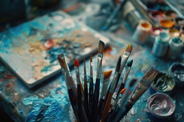 Obraz premium Paint brushes and palette of oil paints on a wooden table