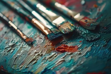 Obraz premium Paint brushes and palette of oil paints on a wooden table