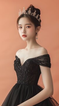 Asian young female wearing crown princess black gown beauty fashion party elegance