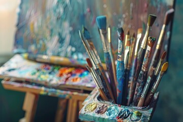 Paint brushes and palette of oil paints on a wooden table