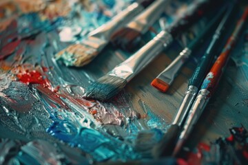 Obraz premium Paint brushes and palette of oil paints on a wooden table