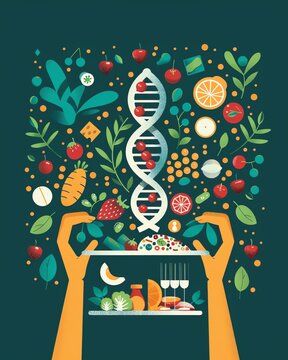 A person holding a plate with a balanced meal, surrounded by DNA strands and icons representing different nutrients