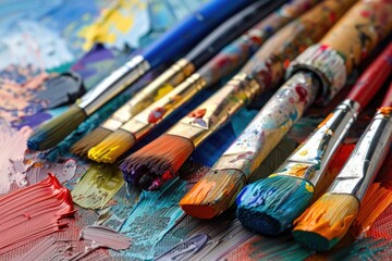 Paint brushes and palette of oil paints on a wooden table