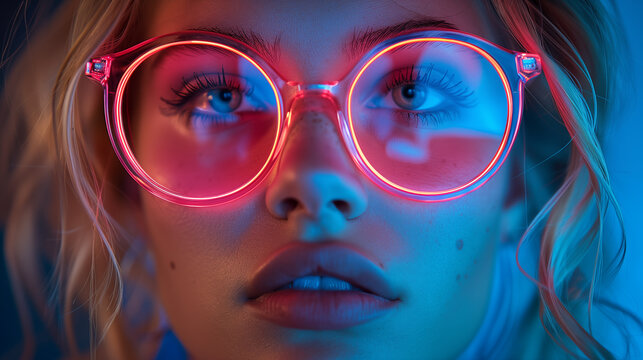 Close-up portrait of a beautiful young woman with pink glasses.
