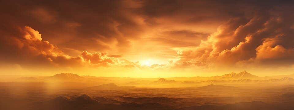 Yellow clouds and sky at sunset for dramatic concept background. Beautiful ultra wide panoramic view.
