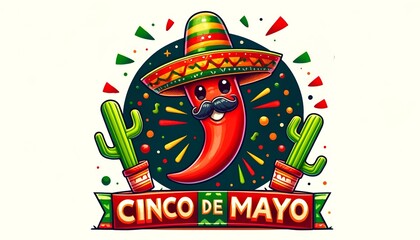 Cinco de mayo illustration  with a cheerful chili pepper character.