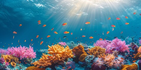 A colorful coral reef with many fish swimming around