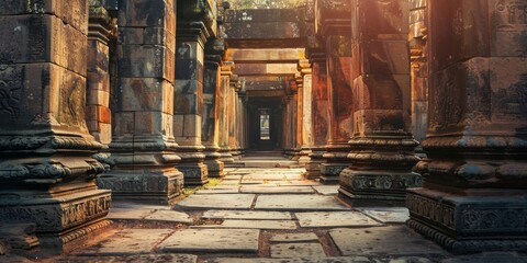 A long, narrow hallway with pillars on either side